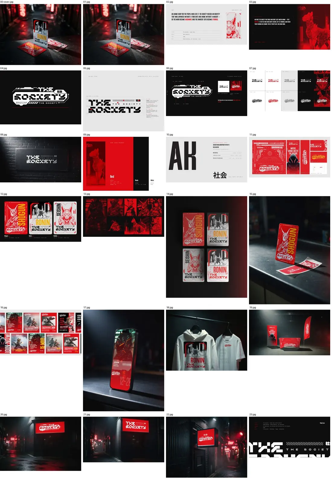 contact sheet لـ deck خلصان على Behance لهوية متجر أنمي، كل الـ slides ظاهرة في نظرة واحدة.