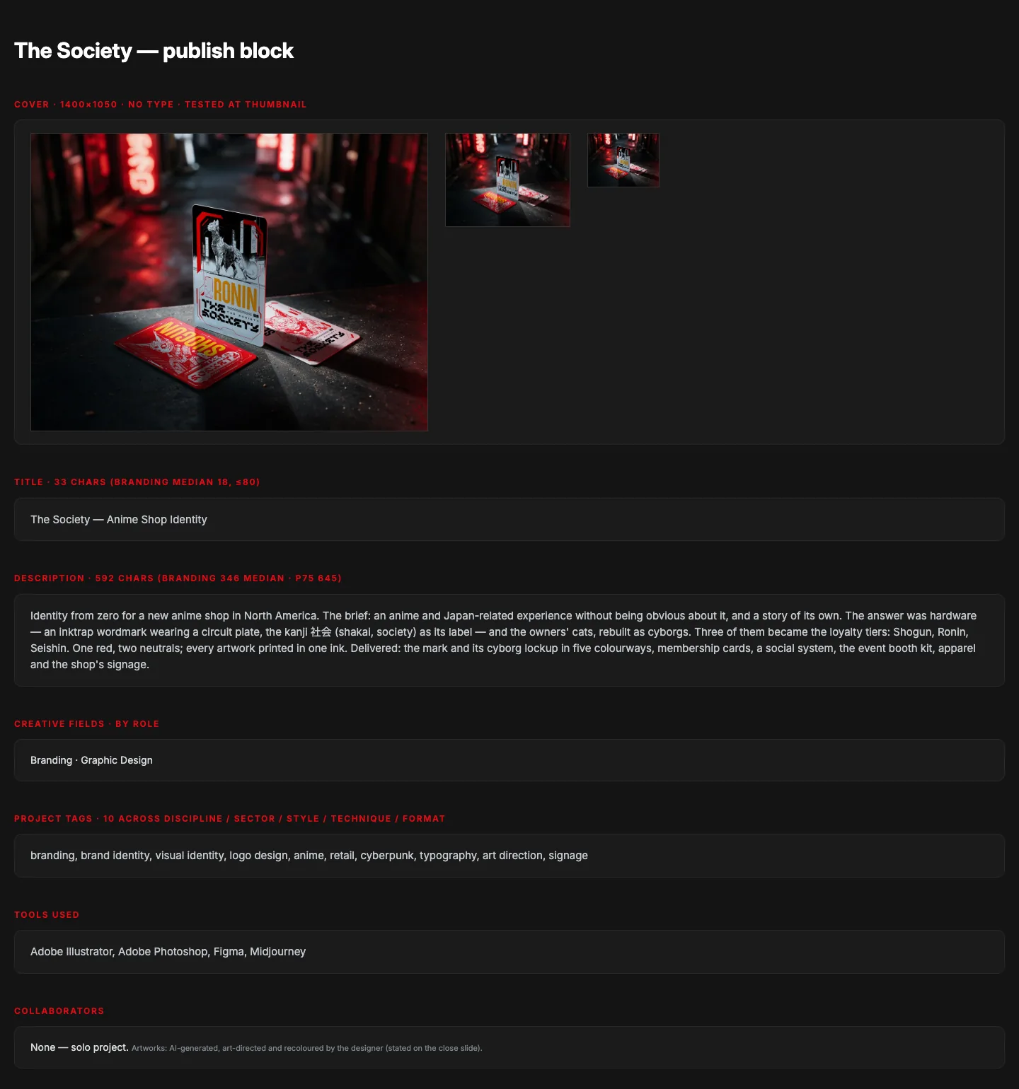 الـ publish block في الـ kit: الغلاف متجرّب بتلات أحجام، و بعده العنوان و الوصف و المجالات و الـ tags و الأدوات و المتعاونين.